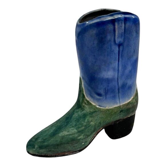 Jeremy Diller Raku Pottery Cowboy Boot Vase Signed Planter Southwest Decor Blue - Picture 2 of 7
